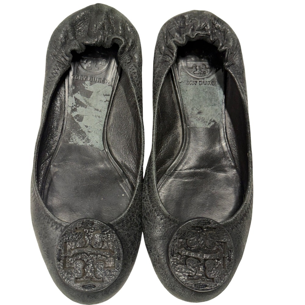 Tory Burch Reva Black Pebbled Leather Logo Medallion Scrunch Ballet Flats